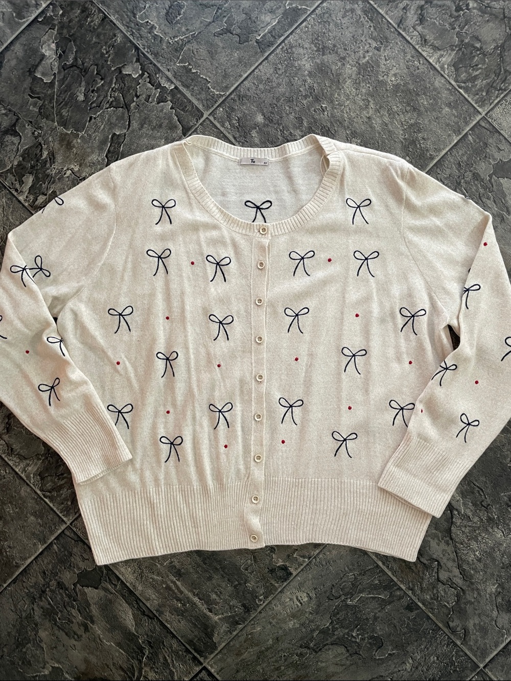 TU Women’s Cream Whimsical Bow Dot Print Button Cardigan Cottagecore Sweater